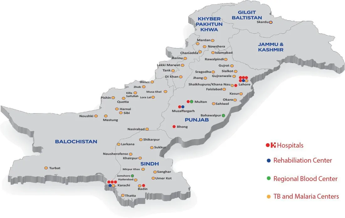 Map of Pakistan showing the cashless network of hospitals, rehabilitation centres, regional blood centres and TB and malaria centres